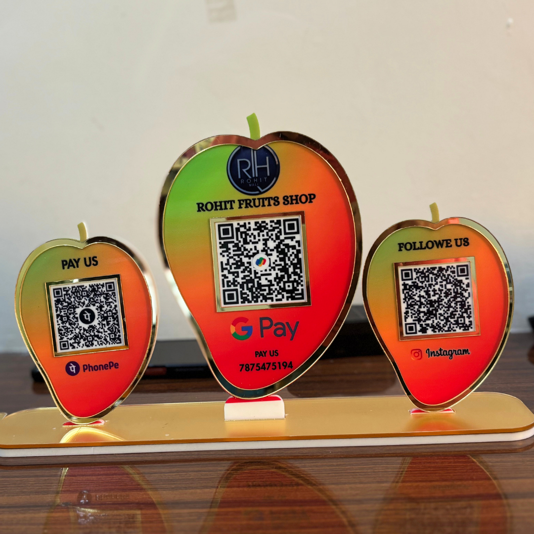 3 QR|2 QR|  PREMIUM QR STANDEE FOR FRUIT BUSINESS | CUSTOMIZED NFC STANDEE| MANGO SHAPE STANDEE