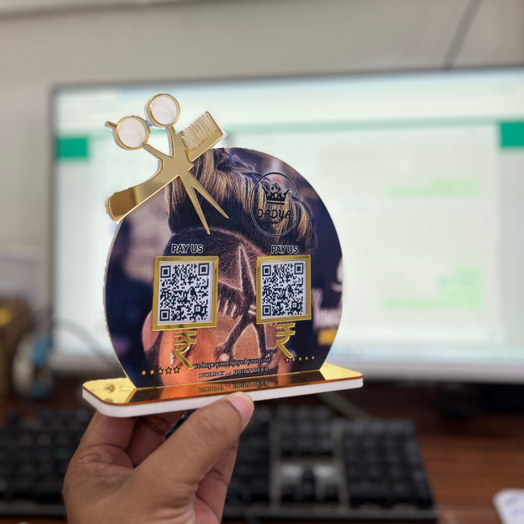 2 QR | SCISSORS AND COMB CUSTOM SHAPE PREMIUM STANDEE WITH GOLDEN BASE