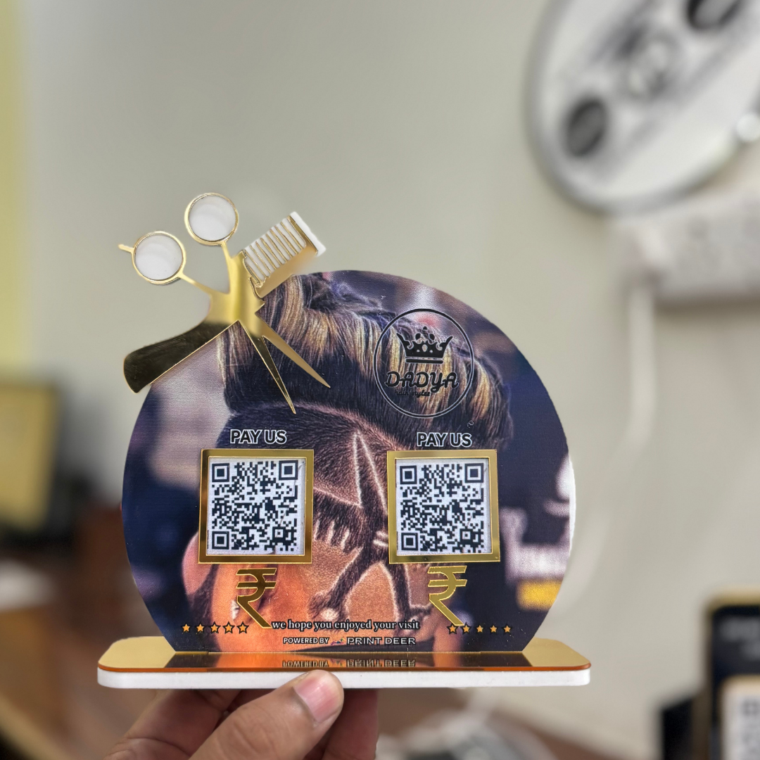 2 QR |  SCISSORS AND COMB CUSTOM SHAPE  PREMIUM  STANDEE WITH GOLDEN BASE| FOR SALONS