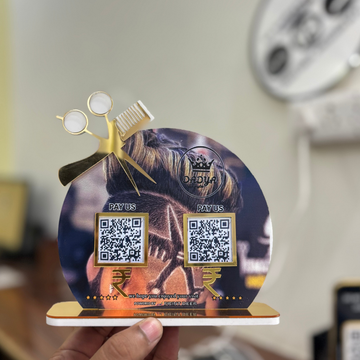 2 QR |  SCISSORS AND COMB CUSTOM SHAPE  PREMIUM  STANDEE WITH GOLDEN BASE| FOR SALONS