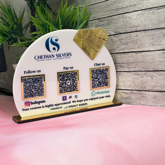3 QR |PREMIUM CUSTOMISED QR STANDEE WITH GOLD MIRROR  DIAMOND ELEMMENT