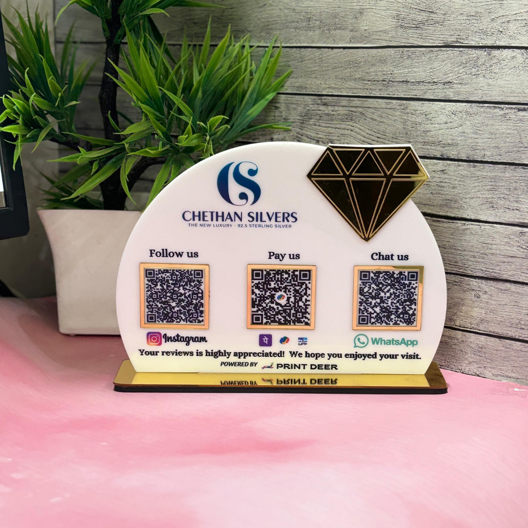 3 QR |PREMIUM CUSTOMISED QR STANDEE WITH GOLD MIRROR  DIAMOND ELEMMENT