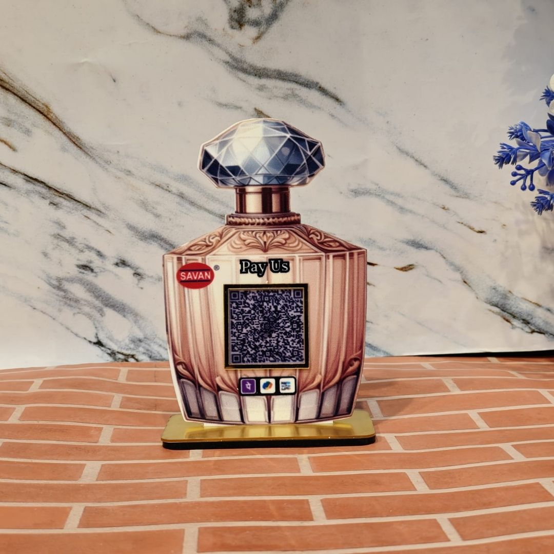 Premium luxury-style QR standee designed specially for perfume brands, cosmetic stores &amp; beauty counters