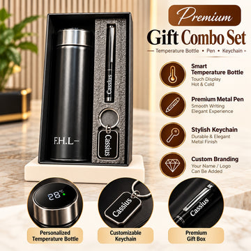 Premium Gift Combo Set – Smart Temperature Bottle, Metal Pen & Custom Keychain