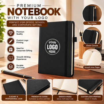 PERSONALIZED LOGO PRINTED A5 CLASSIC BLACK CORPORATE DIARY- NOTEBOOK WITH ITALIAN PU COVER -FOR OFFICE USE , PERSONAL USE OR CORPORATE GIFT
