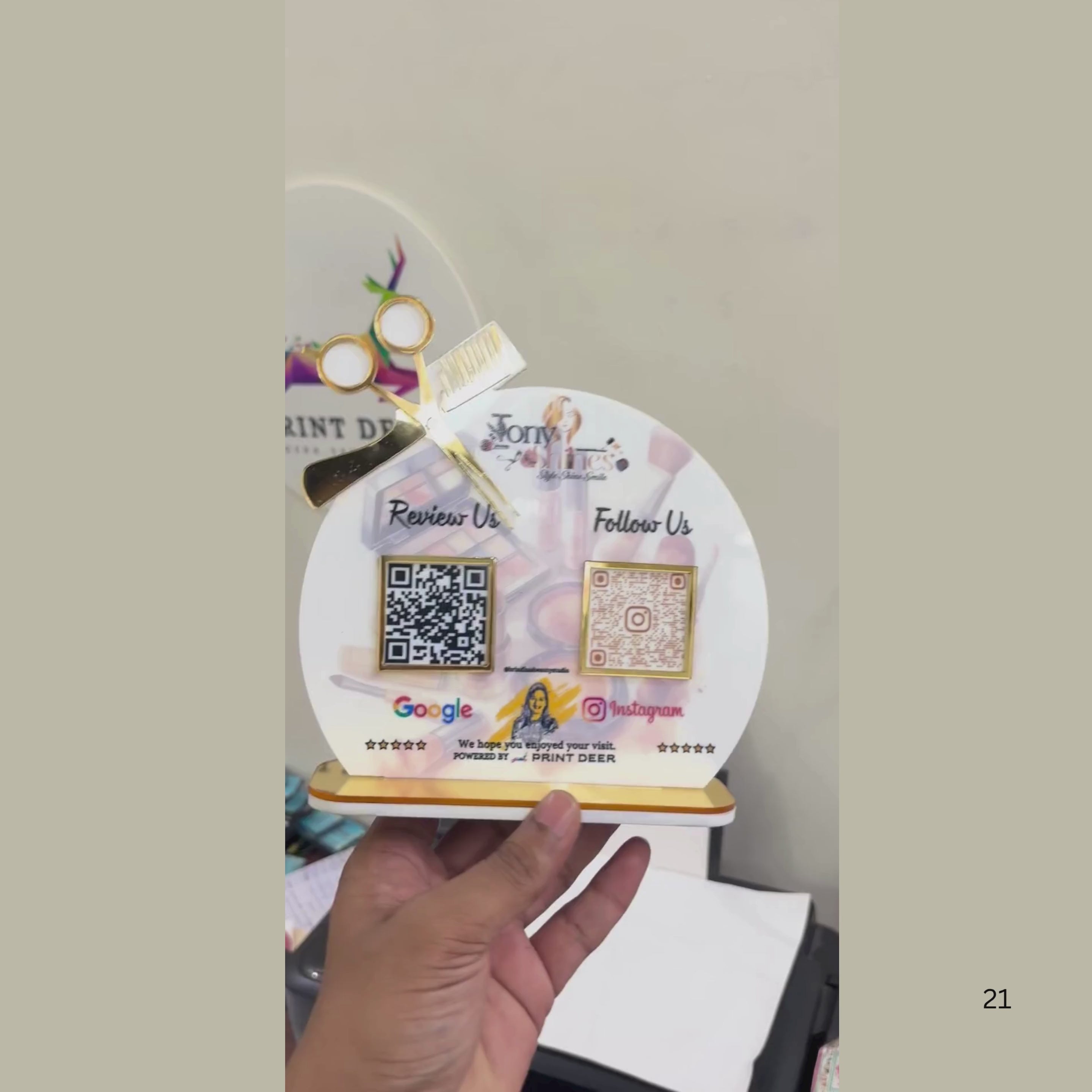 2 QR | SCISSORS AND COMB CUSTOM SHAPE PREMIUM STANDEE WITH GOLDEN BASE