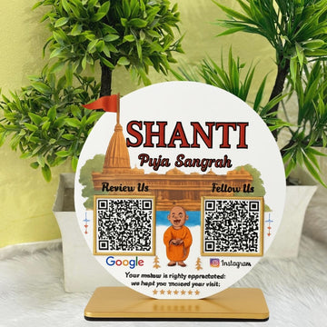 2-QR Customized Standee for Temple & Puja Stores | Shanti Puja Sangrah Theme | Premium Acrylic